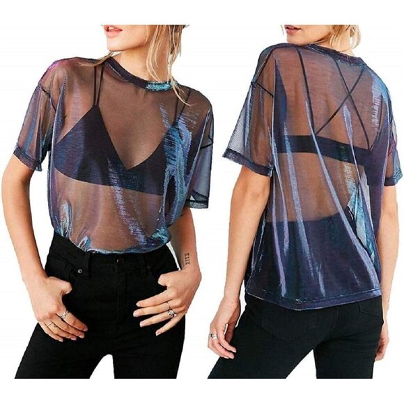 🆕Women’s Navy Purple Metallic Mesh Short Sleeve Sexy See-Through Shirt Top - Picture 3 of 3